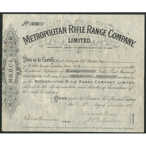 558 - Great Britain: Metropolitan Rifle Range Company Ltd., £1 shares, fully paid, 18[91], #193, bla... 