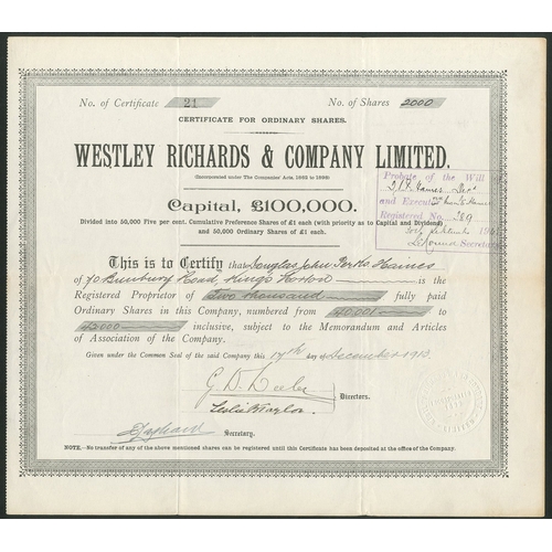 576 - Great Britain: Westley Richards & Company Limited, £1 ordinary shares, [1913], #21, ornate... 