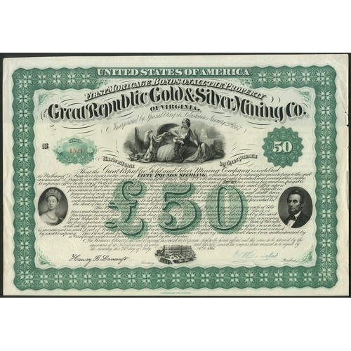 781 - U.S.A.: Great Republic Gold and Silver Mining Co. of Virginia, £50 bond, 1867 #1521, lovely piece wi... 