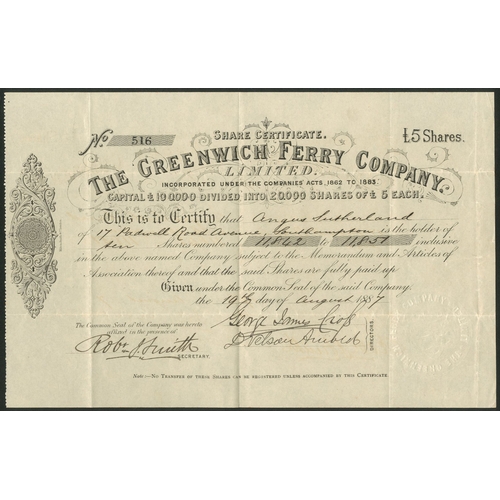 438 - Great Britain: Greenwich Ferry Company Ltd., £5 shares, fully paid, 188[7], #516, black. Formed to a... 