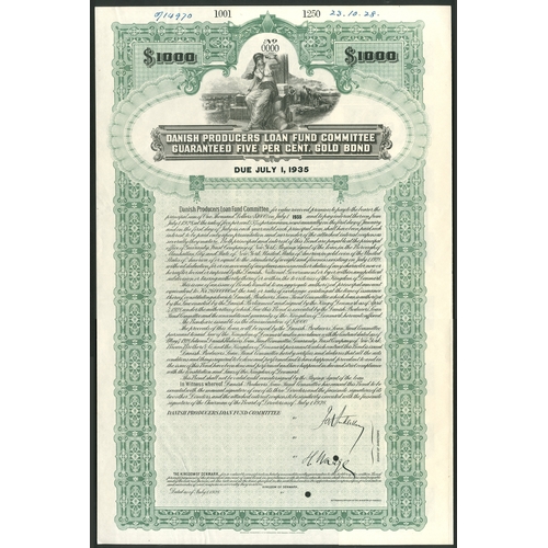 257 - Denmark: Danish Producers Loan Fund Committee Guaranteed 5% Loan, 1928, a specimen bond for $1000, d... 