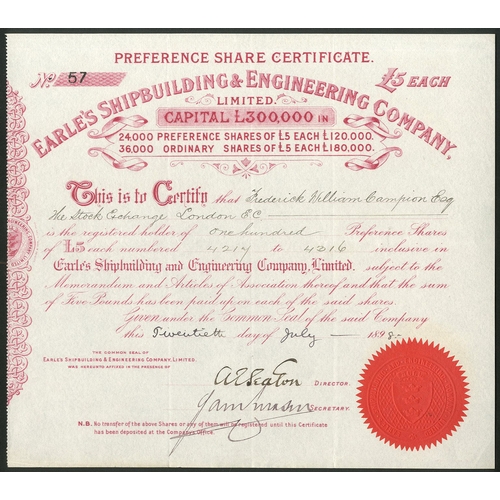 434 - Great Britain: Earle's Shipbuilding & Engineering Co. Ltd., pair of certificates for £5 ordinary... 