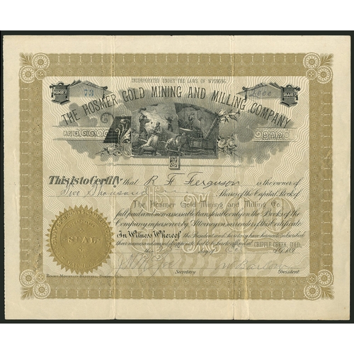 784 - U.S.A.: Hosmer Gold Mining and Milling Co., $1 shares, 189[-], #73, busy miners below title, ornate ... 