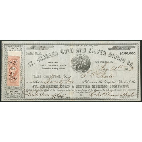 811 - U.S.A.: St. Charles Gold and Silver Mining Co., $100 shares, 186[3], #33, Eureka below title, small ... 