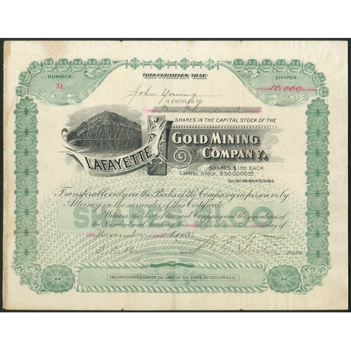 789 - U.S.A.: Lafayette Gold Mining Co., $1 shares, 189[6], #51, interesting vignette showing cross sectio... 