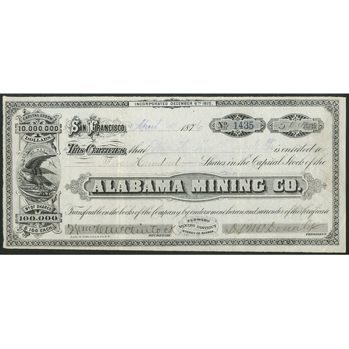 764 - U.S.A.: Alabama Mining Company, $100 shares, San Fransisco 187[6], #1435, eagle at left, black. Mine... 