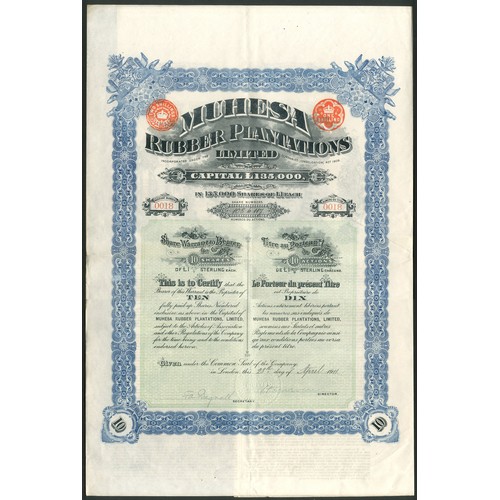 214 - German East Africa: Muhesa Rubber Plantations Ltd., a group of 4 certificates for 10 shares each, 19... 