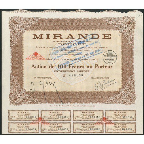 272 - France: Mirande Ancienne Maison Doucet, a group of approximately 100 certificates for 100 franc shar... 