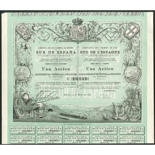 345 - Spain: Compañia de los Caminos de Hierro del Sur de España, a group of 23 certificates for 500 franc... 