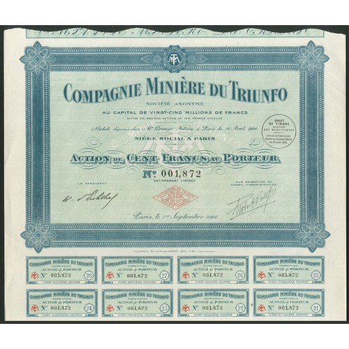 633 - Mexico: Compagnie Minière du Triunfo, a group of 16 certificates for 100 franc share, Paris 1... 