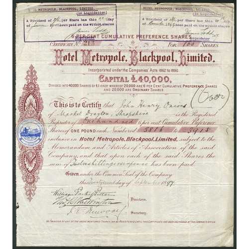 393 - Great Britain: Hotel Metropole, Blackpool, Limited, £1 6% Cumulative Preference shares, 18[97], #213... 