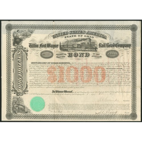 550 - U.S.A.: Tiffin and Fort Wayne Rail Road Company, First Lien bond, $1000, 185[7], #536, steam train i... 