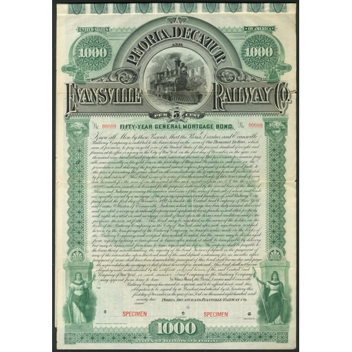 542 - U.S.A.: Peoria, Decatur and Evansville Railway Company, a specimen 50-Year 5% General Mortgage bond ... 