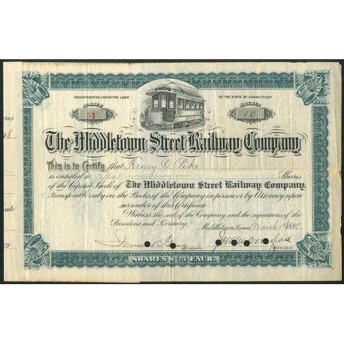 529 - U.S.A.: Middletown Street Railway Company, $25 shares, 189[8], #51, green, cancelled, reglued to cou... 