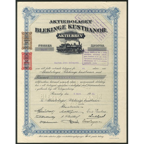 296 - Sweden: AB Blekinge Kustbanor (Blekinge Coastal Railway), [1] share of 100 kroner, Ronneby 19[22], #... 