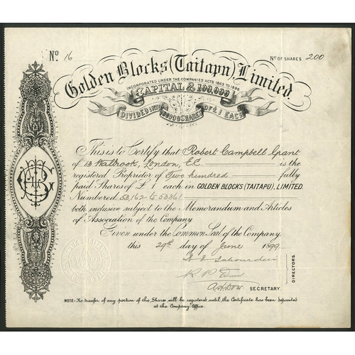 36 - New Zealand: Golden Blocks (Taitapu) Limited, £1 shares, 18[99], #16, scrollwork at left, black. Reg... 