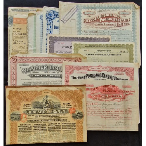 1 - A mixed collection of certificates including a Chinese 5% Reorganisation Gold Loan, £20, DAB; Klerks... 