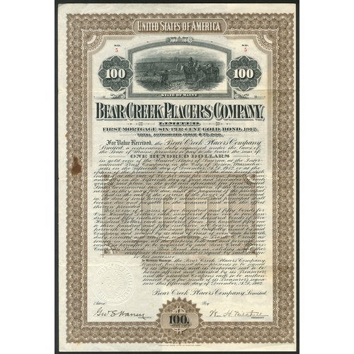 586 - U.S.A.: Bear Creek Placers Company Limited, First Mortgage 6% Gold Bond, 1912, $100, #5, miners at t... 