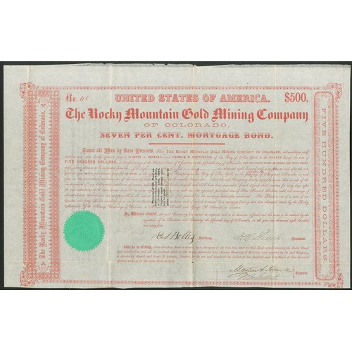 629 - U.S.A.: Rocky Mountain Gold Mining Company of Colorado, 7% Mortgage Bond, $500, 1864, #40, red with ... 