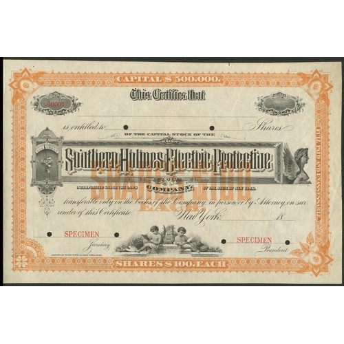 670 - U.S.A.: Southern Holmes Electric Protective Company, $100 shares, specimen, 18- (circa 1885), allego... 