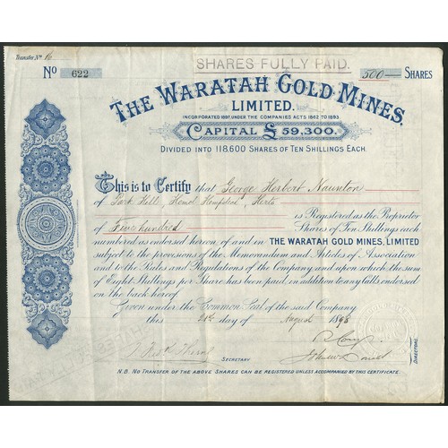 30 - Australia: Waratah Gold Mines Limited, 10 shilling shares, 18[98], #622, blue. Registered 22nd Febru... 