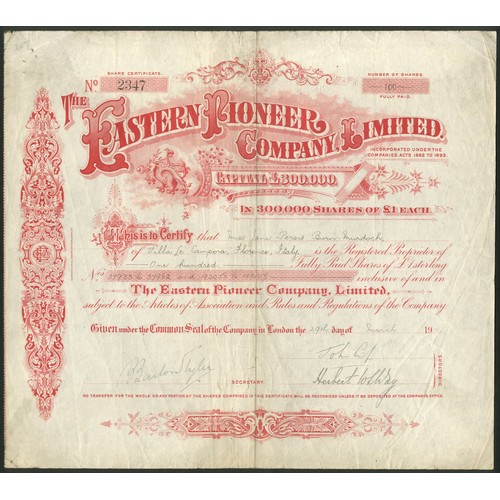 156 - China: Eastern Pioneer Co. Ltd., £1 shares, 19[15], #2347, red with scrollwork. Registered 1899 to a... 