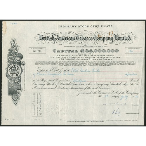 403 - Great Britain: British-American Tobacco Company Limited, ordinary stock certificate, 19[32], #51391,... 