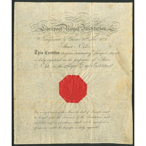 414 - Great Britain: Liverpool Royal Institution, one share, 1821, #43, black printing, on vellum, red sea... 