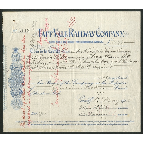 315 - Great Britain: Taff Vale Railway Company, preference stock, 191[2], #5113, blue, cancelled and endor... 