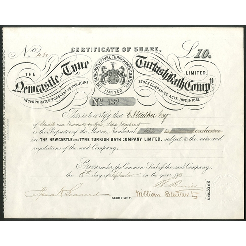 389 - Great Britain: Newcastle upon tyne Turkish Bath Company Limited, £10 share, 18[73], #432, coat... 