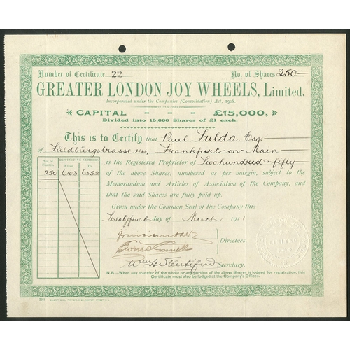 380 - Great Britain: Greater London Joy Wheels Ltd., £1 shares, 191[1], #22, ornate border, green. The com... 