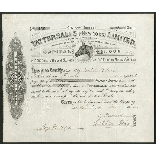 674 - U.S.A./Great Britain: Tattersalls (of New York) Ltd., £5 ordinary shares, 189[2], #156, horse's head... 