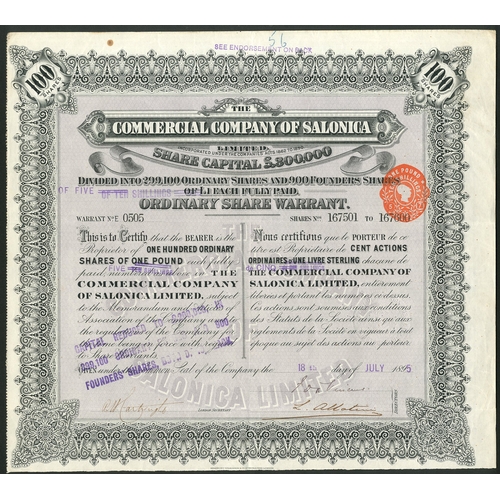 189 - Ottoman Empire: Commercial Company of Salonica Limited, 100 shares of £1, 189[5], #0505, signed by L... 