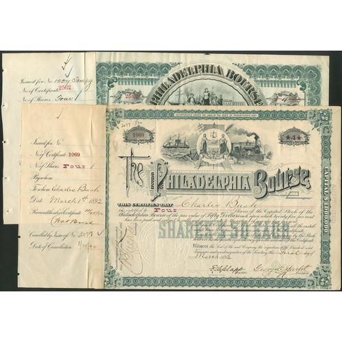 583 - U.S.A.: Philadelphia Bourse, a pair of certificates for $50 shares, 189[2], #1069, and 189[6], #2562... 