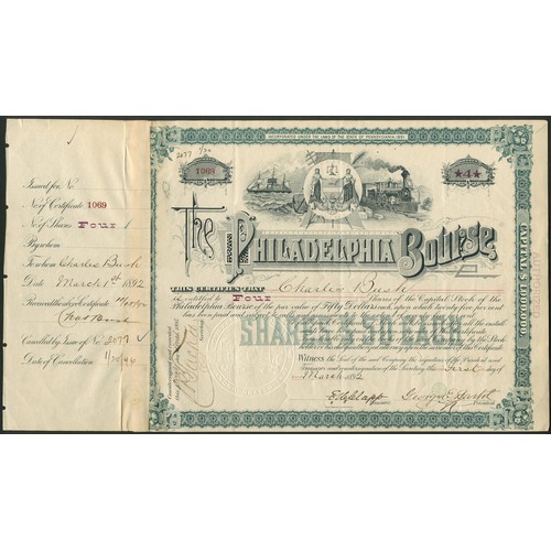 583 - U.S.A.: Philadelphia Bourse, a pair of certificates for $50 shares, 189[2], #1069, and 189[6], #2562... 