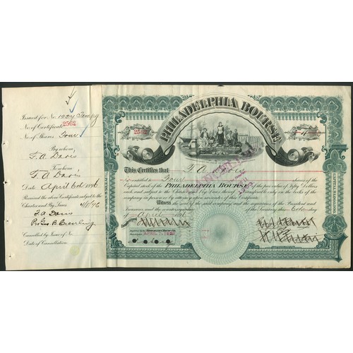 583 - U.S.A.: Philadelphia Bourse, a pair of certificates for $50 shares, 189[2], #1069, and 189[6], #2562... 