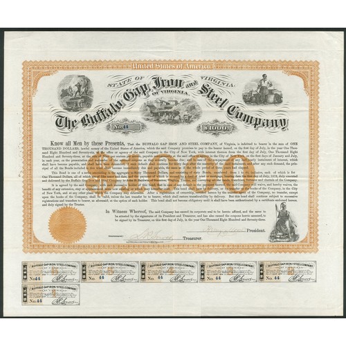 655 - U.S.A.: Buffalo Gap Iron and Steel Company, 9% Loan, 1873, bond for $1000, #44, of only 60 issued, v... 