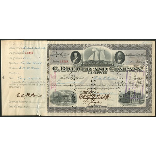 675 - Hawaii: C. Brewer and Company Limited, $100 shares, [1925], #A1245, vignette of Missionary packet fl... 