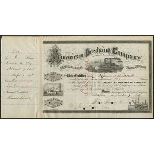 557 - U.S.A.: American Dredging Company, $100 shares, 187[4], #544, paddle steamer in centre with 2 furthe... 