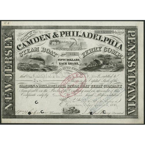 559 - U.S.A.: Camden & Philadelphia Steam Boat Ferry Company, $50 shares, 18[89], #616, attractive pie... 