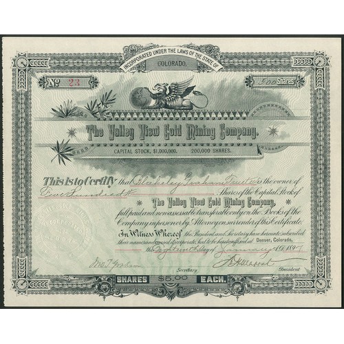 633 - U.S.A.: Valley View Gold Mining Company, $5 shares, 189[7], #23, black, blue underprint. Incorporate... 