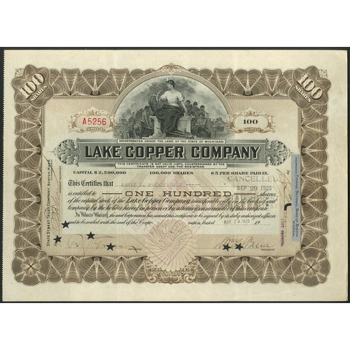 617 - U.S.A.: Lake Copper Company, 100 shares, 19[25, signed by William A. Paine as President, #A5256, all... 