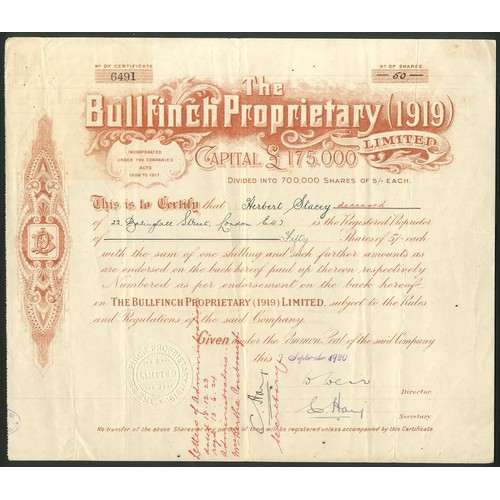 12 - Australia: Bullfinch Proprietary (1919) Limited, 5/- shares, [1920], #6491, brown. Registered 14th A... 