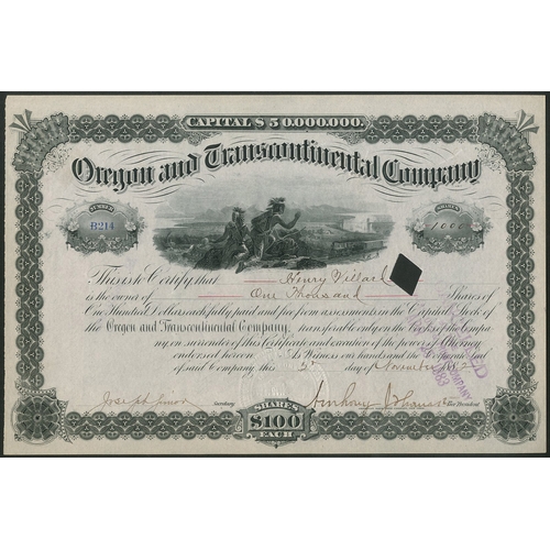 537 - ª U.S.A.: Oregon and Transcontinental Company, $100 shares, 188[2], #B214, issued to and signed... 