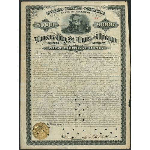 524 - U.S.A.: Kansas City, St. Louis and Chicago Railroad Company 1st Mortgage Bond, 1878, $1000, #1499, s... 