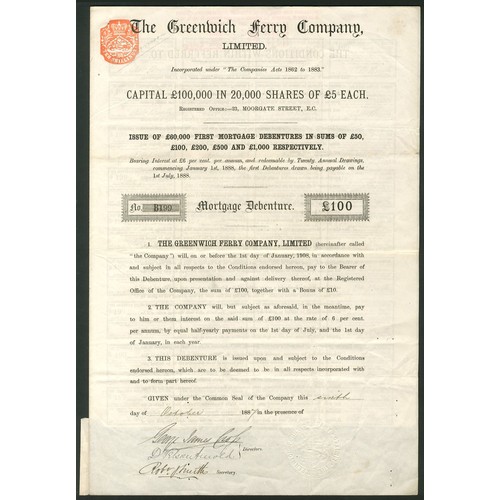 325 - Great Britain: Greenwich Ferry Company Ltd., £100 Mortgage debenture, 188[7], #B199, black. Formed t... 