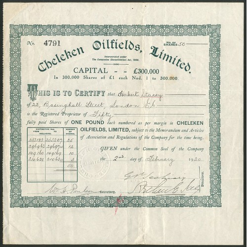 287 - Russia: Cheleken Oilfields Limited, £1 shares, 19[20], #4791, green.Registered 30th June 1910 to acq... 