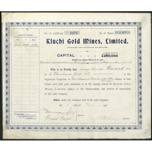 288 - Russia: Kluchi Gold Mines Limited, £1 shares, 190[11], #1675, blue. Registered 23rd November 1906 to... 