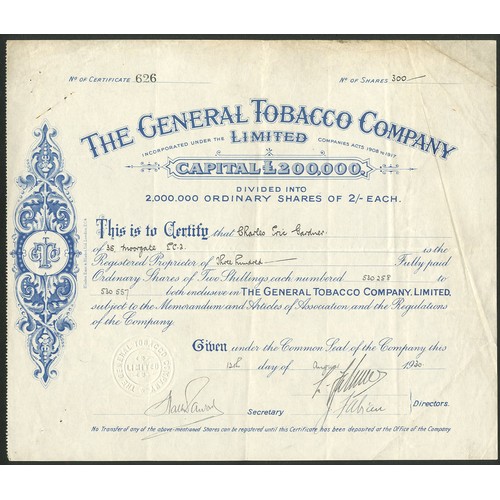 412 - Great Britain: General Tobacco Company Limited, 2/- shares, 19[30], #626, blue. Formed in London in ... 