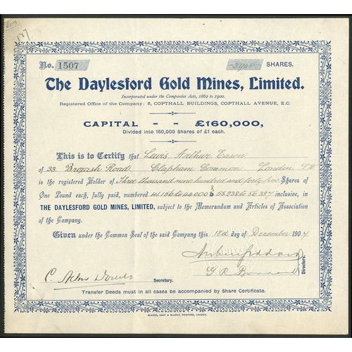 16 - Australia: Daylesford Gold Mines Limited, £1 shares, 190[7], #1507, blue. Registered 4th December 19... 